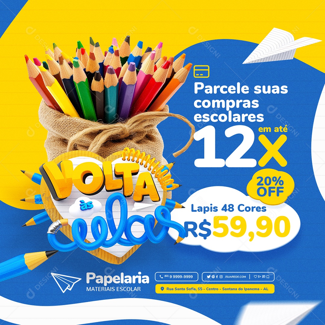 Volta às Aulas Papelaria Lápis 48 Cores Social Media PSD Editável
