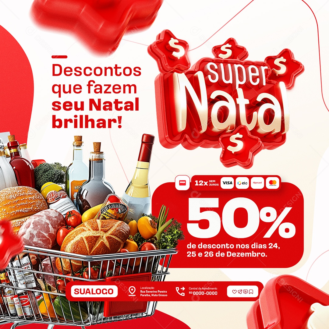 Super Natal Supermercado Descontos Que Fazem seu Natal Brilhar Social Media PSD Editável