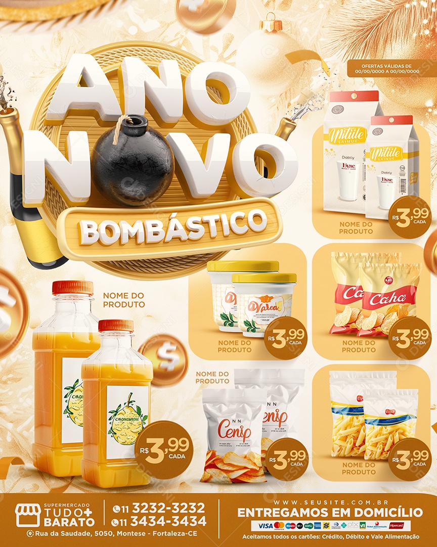 Tabloide Ano Novo Bombástico Supermercado Produtos Social Media PSD Editável