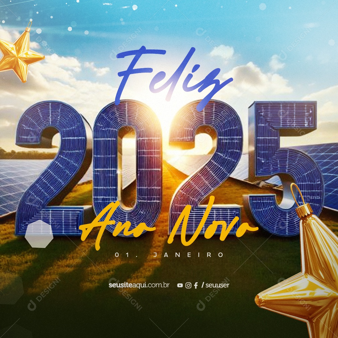 Feliz Ano Novo 2025 01 de Janeiro Energia Solar Social Media PSD Editável