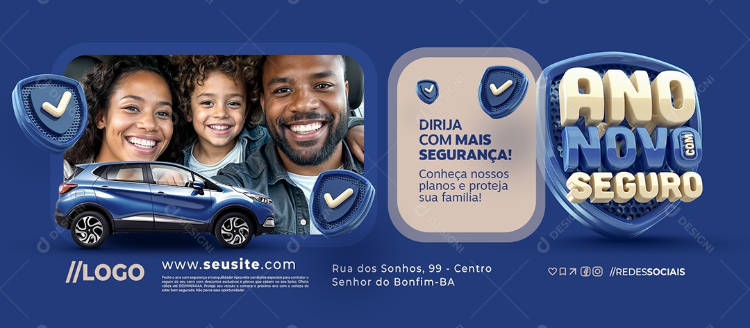 Banner Ano Novo com Seguro Seguradora Dirija com Mais Segurança Social Media PSD Editável