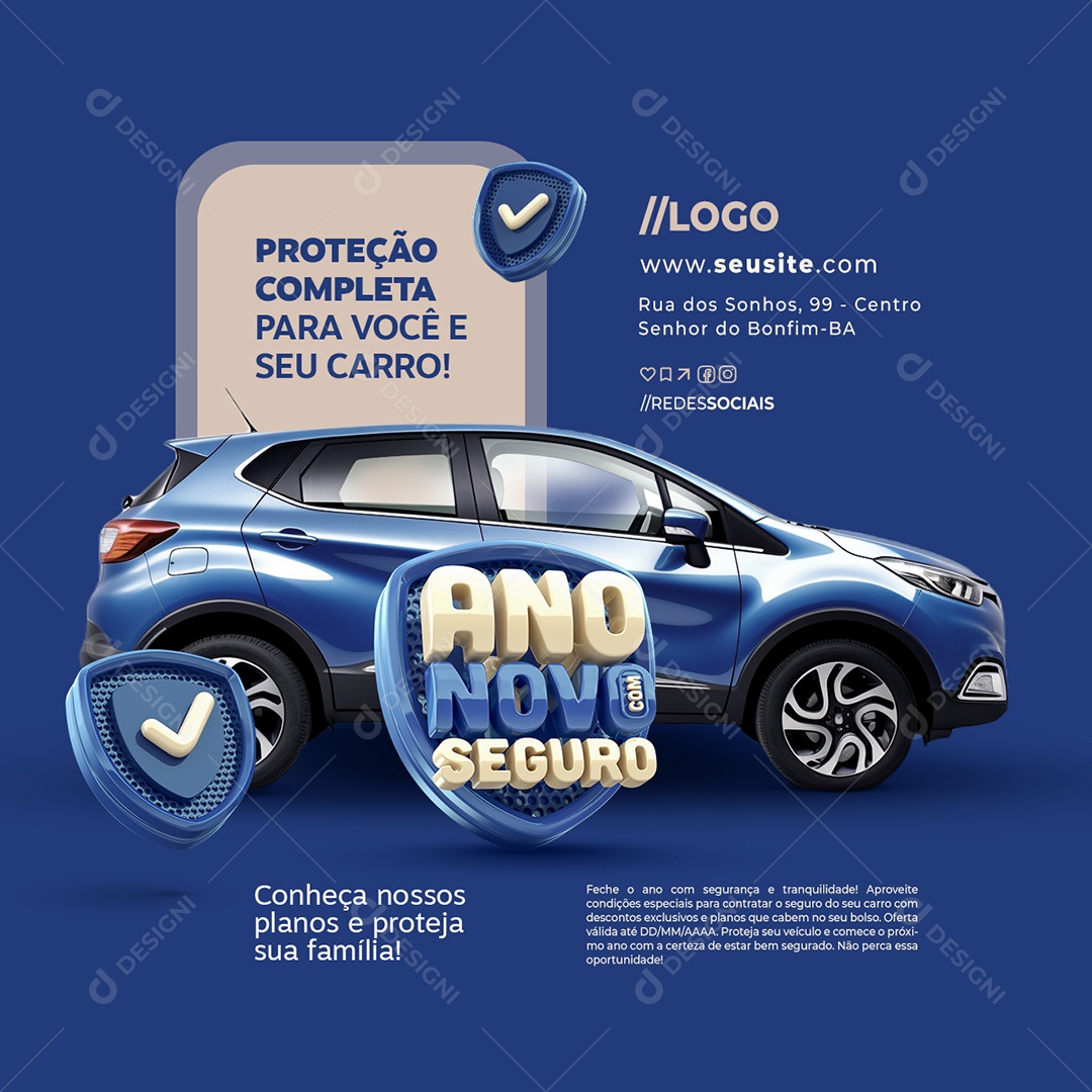 Ano Novo com Seguro Seguradora Proteção Completa Social Media PSD Editável