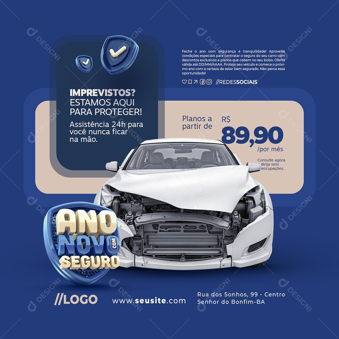 Ano Novo com Seguro Seguradora Imprevistos Social Media PSD Editável