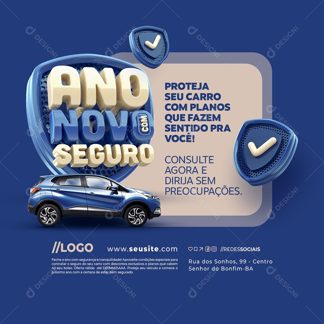 Ano Novo com Seguro Seguradora Proteja seu Carro Social Media PSD Editável