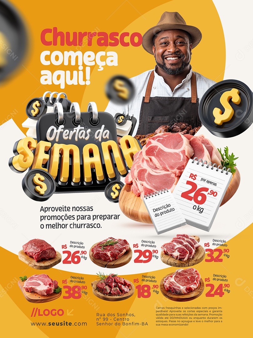 Ofertas da Semana Açougue Encarte Churrasco Começa Aqui Social Media PSD Editável