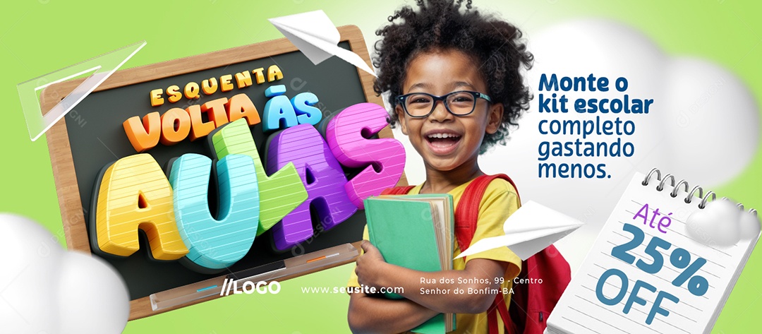 Banner Esquenta Volta às Aulas Papelaria Monte o Kit Escolar Social Media PSD Editável