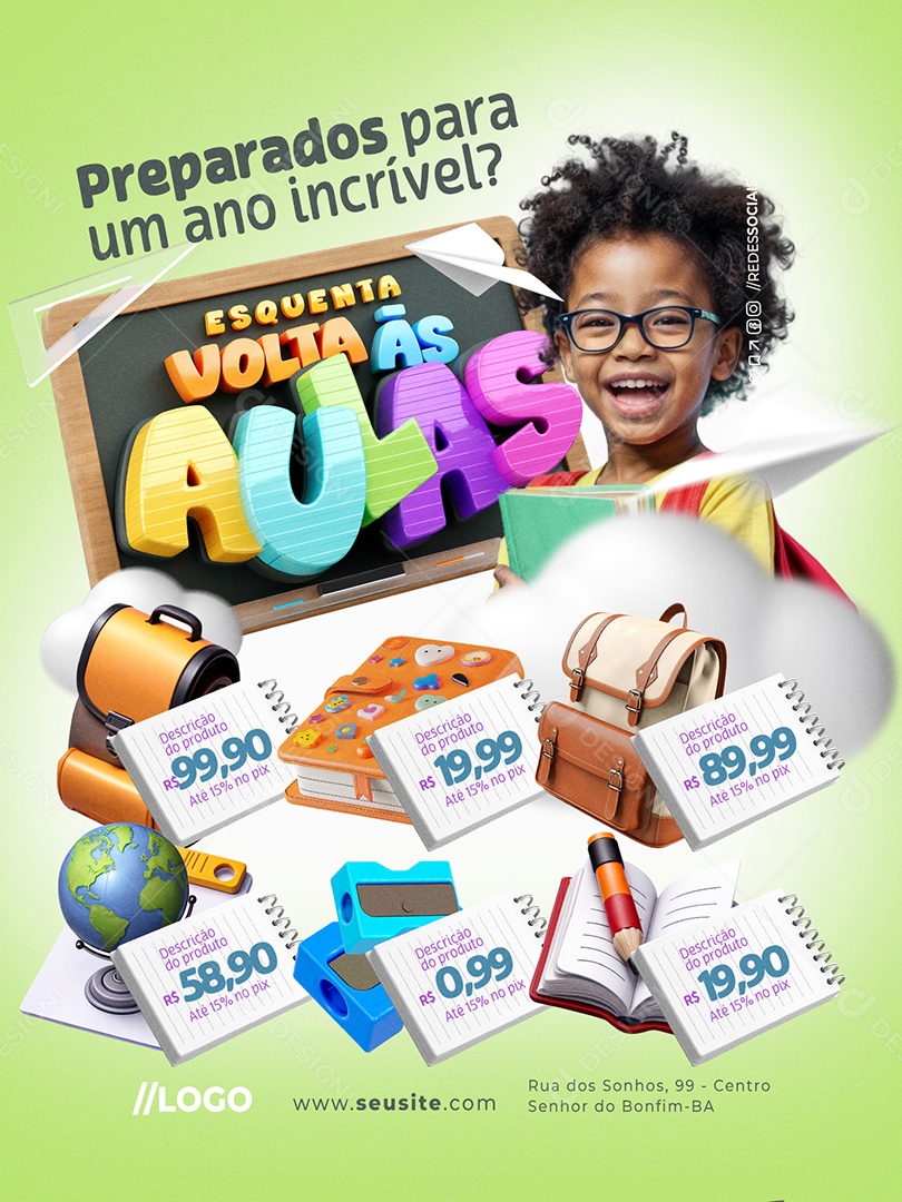 Esquenta Volta às Aulas Papelaria Encarte Preparados para Um Ano Incrível Social Media PSD Editável