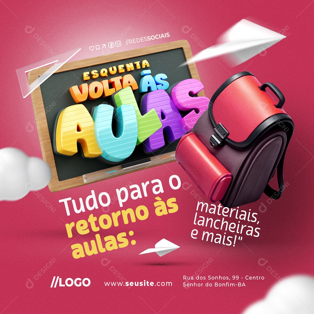 Esquenta Volta às Aulas Papelaria Materiais Lancheiras e Mais Social Media PSD Editável