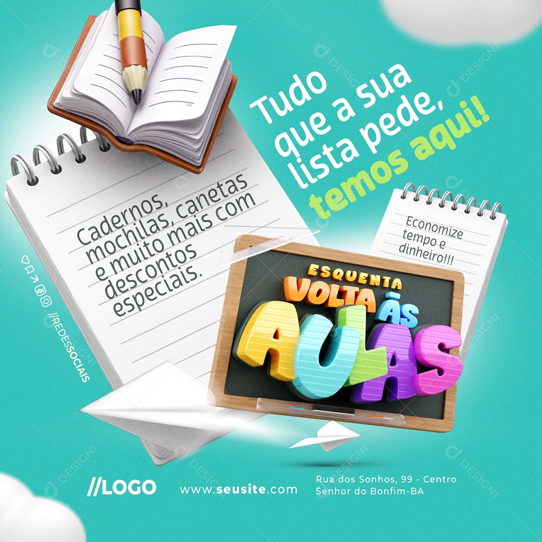 Esquenta Volta às Aulas Papelaria Cardenos Mochilas Canetas Social Media PSD Editável