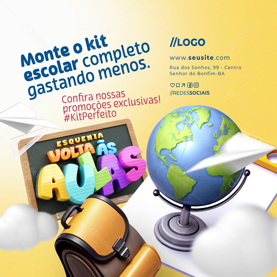 Esquenta Volta às Aulas Papelaria Monte o Kit Escolar Social Media PSD Editável
