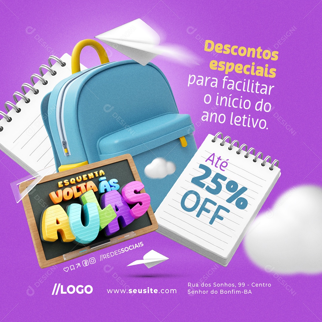 Esquenta Volta às Aulas Papelaria Descontos Especiais Social Media PSD Editável