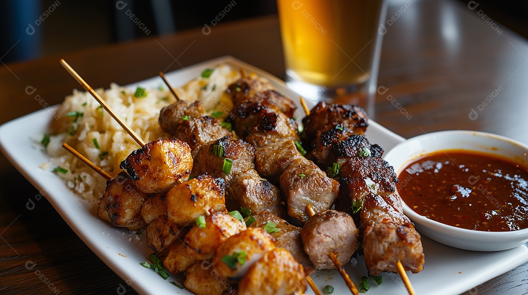 Churrasco de carne com molho ao lado e arroz