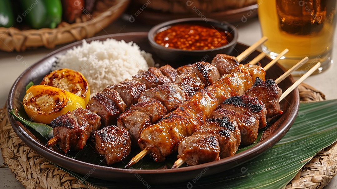 Deliciosos espetinhos assados com guarnições tradicionais