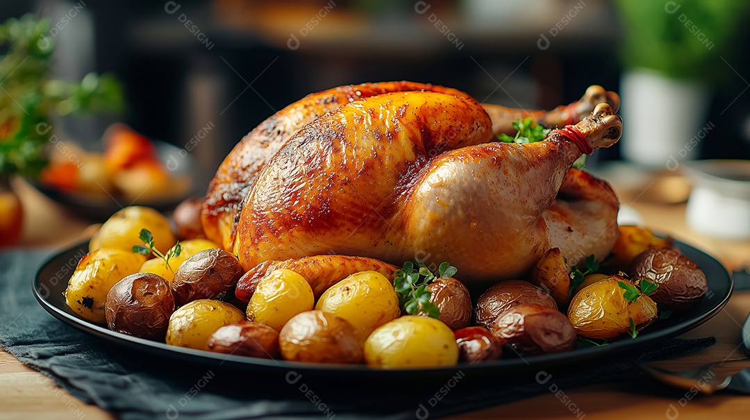 Frango com batatas assados suculento deliciosa refeição