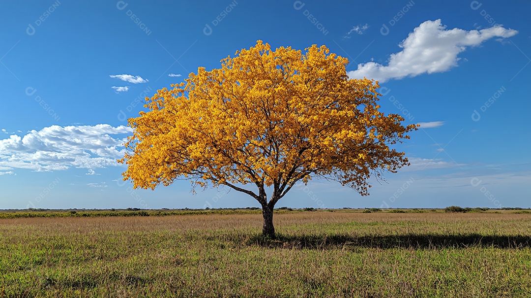 Campos verde com um lindo pé de ipê amarelo