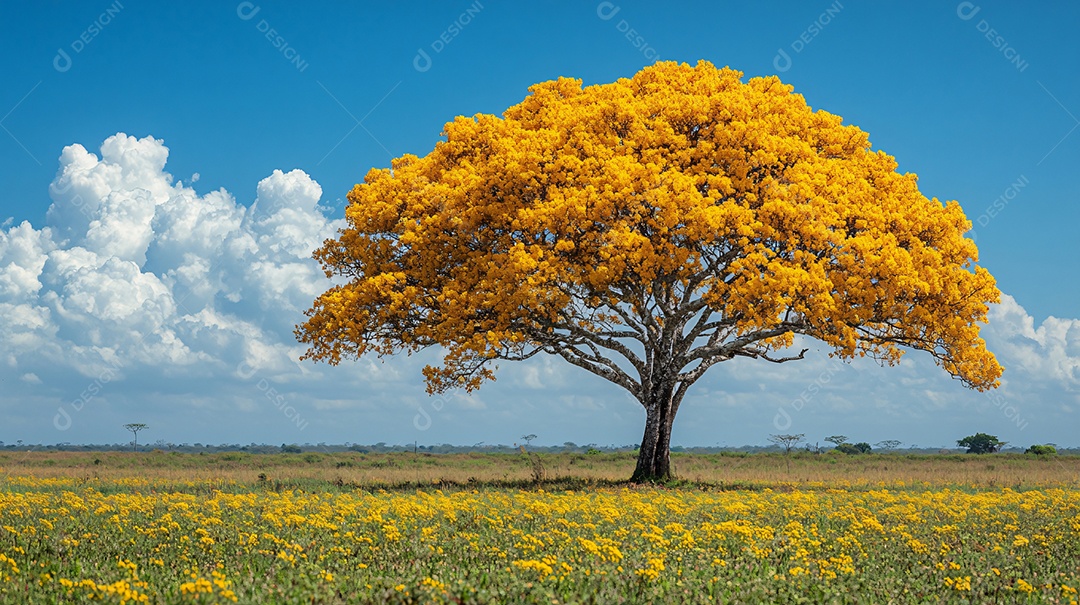Campos verde com um lindo pé de ipê amarelo