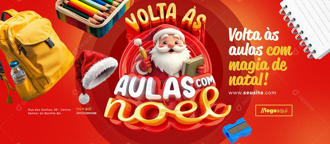 Banner Papelaria Volta às Aulas com Noel com Magia de Natal Social Media PSD Editável
