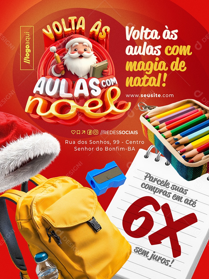 Papelaria Volta às Aulas com Noel Encarte Parcele suas Compras Social Media PSD Editável
