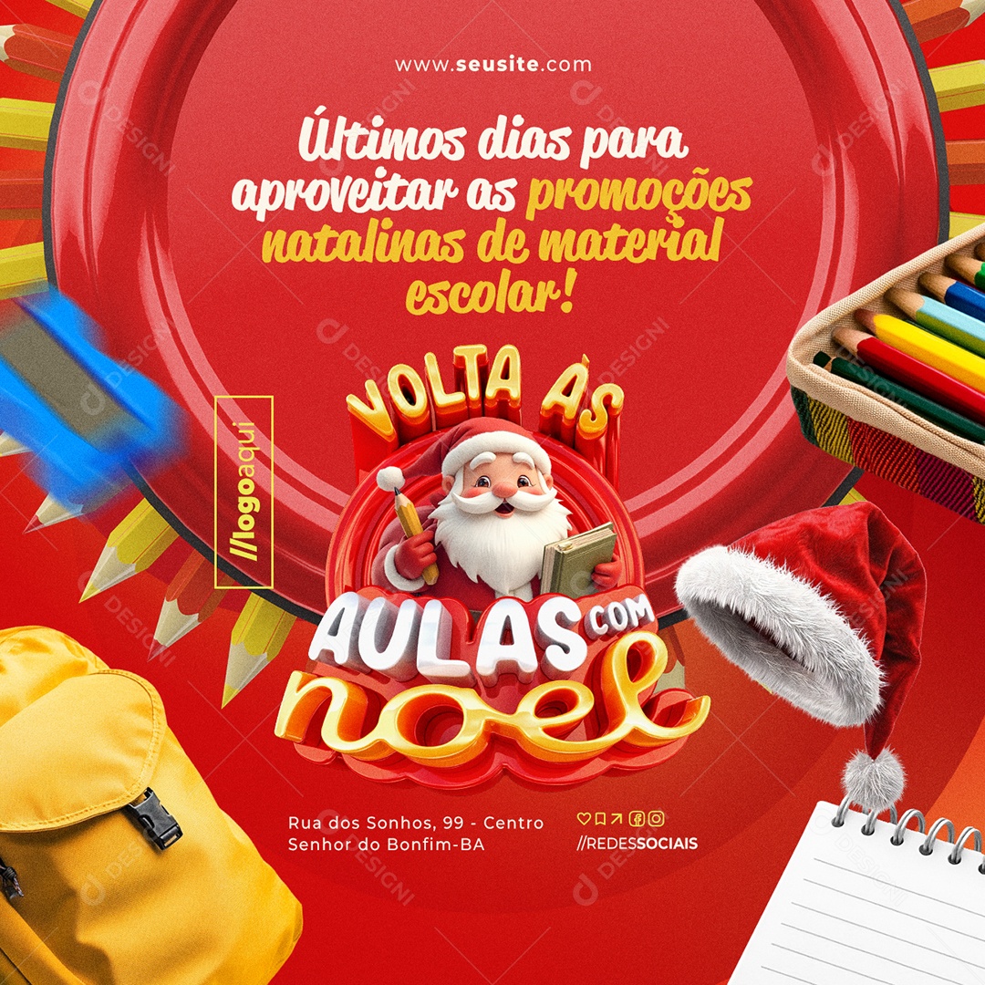 Papelaria Volta às Aulas com Noel Últimos Dias para Aproveitar Social Media PSD Editável