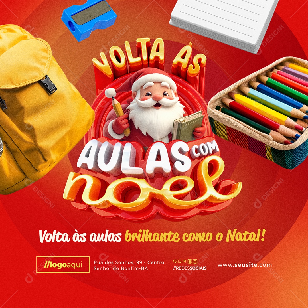 Papelaria Volta às Aulas com Noel Brilhante Como o Natal Social Media PSD Editável