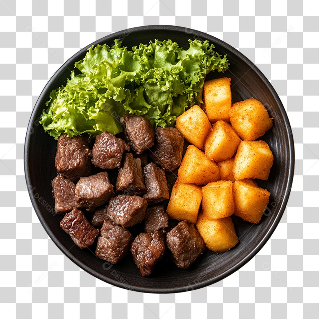 Porção com Pedaços de Carne e Salada PNG Transparente