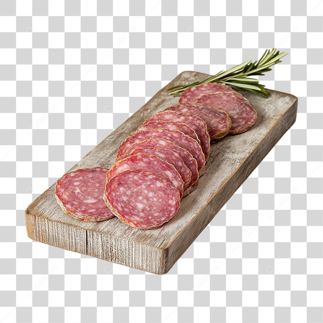 Tábua de Madeira com Salame Fatiado PNG Transparente