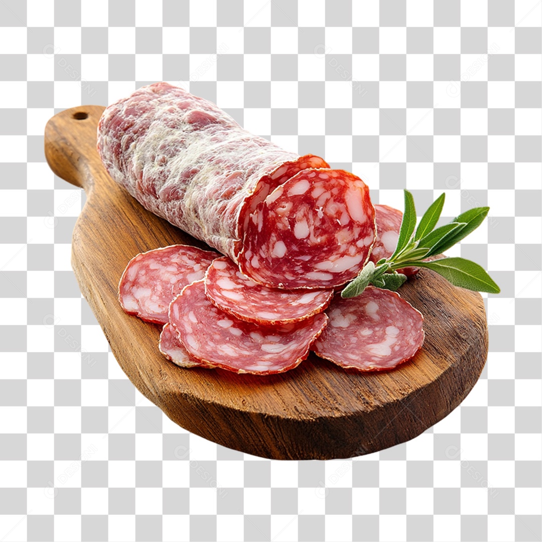 Tábua de Madeira com Salame Fatiado PNG Transparente