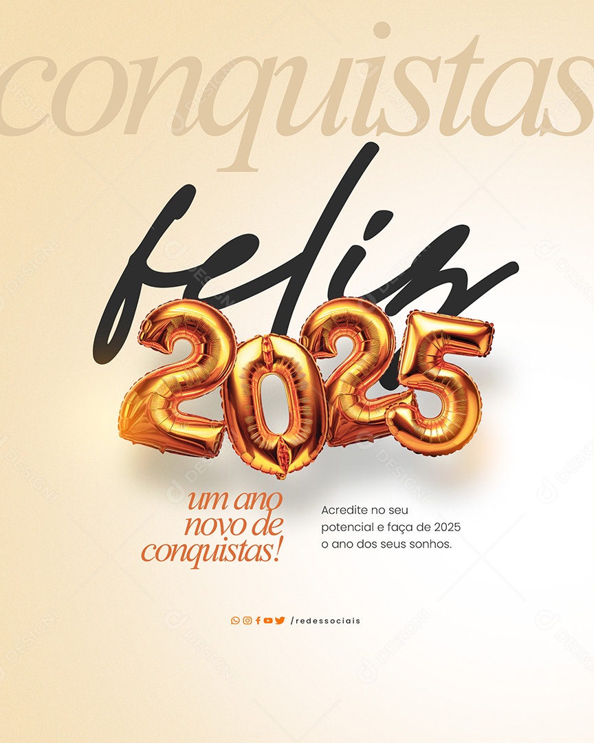 Post Feliz Ano Novo 2025 Novas Conquistas Social Media PSD Editável