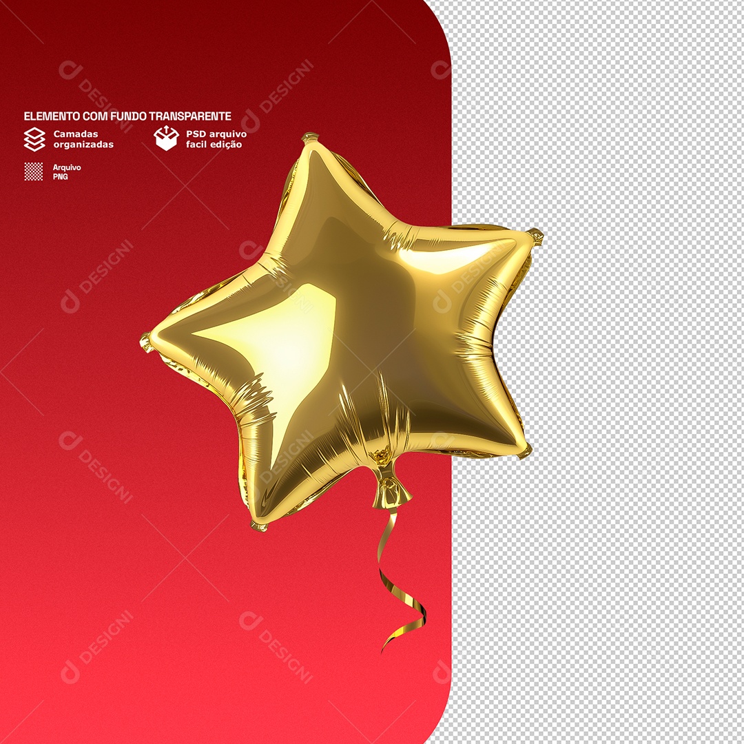 Elemento 3D Balão de Ar em Formato de Estrela Decoração Para Composição PSD