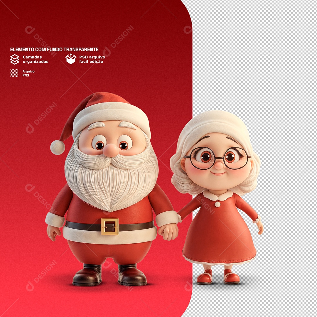 Personagem 3D Papai Noel e Mamãe Noel para Composição PSD