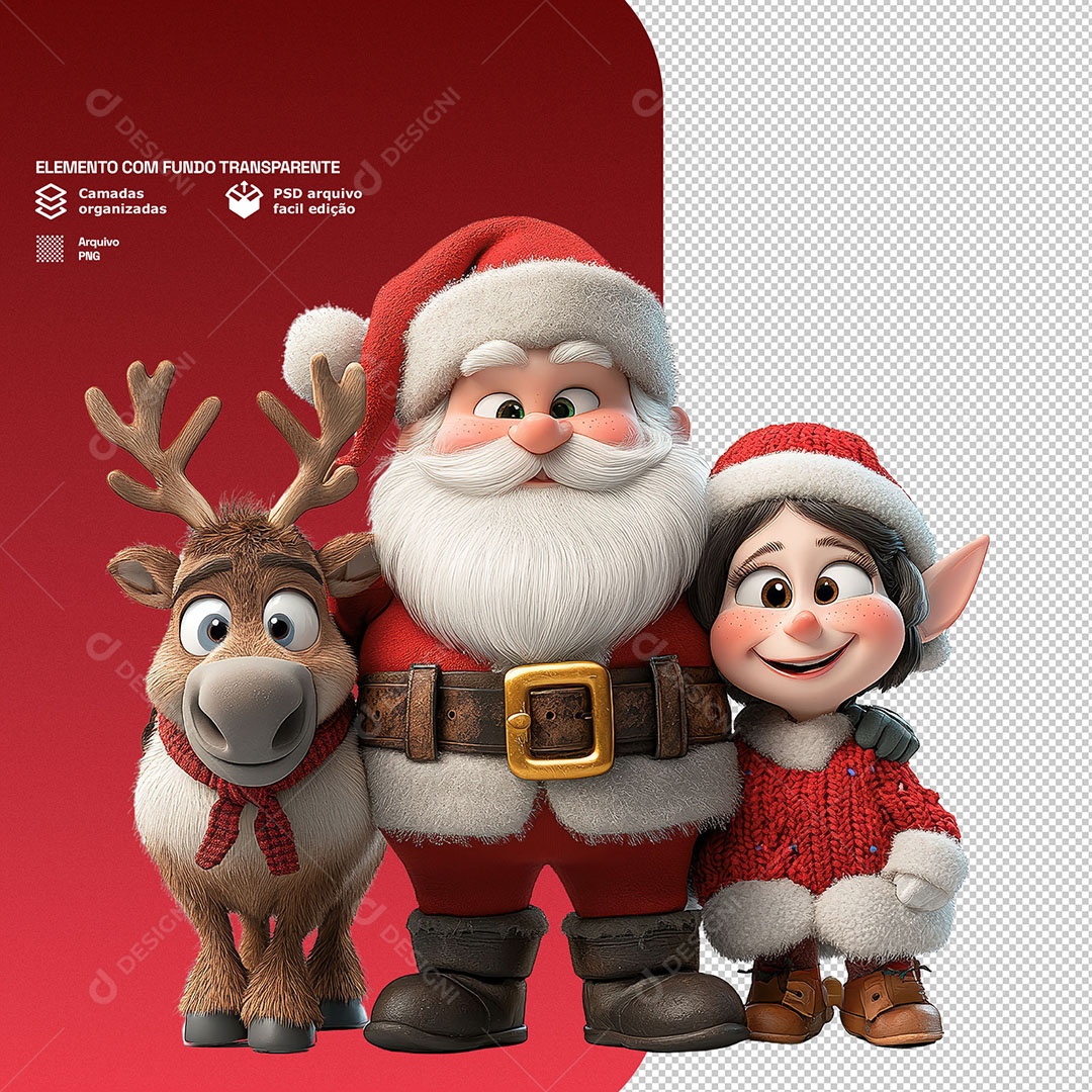 Personagem 3D Papai Noel Com uma Menina e uma Rena Para Composição PSD