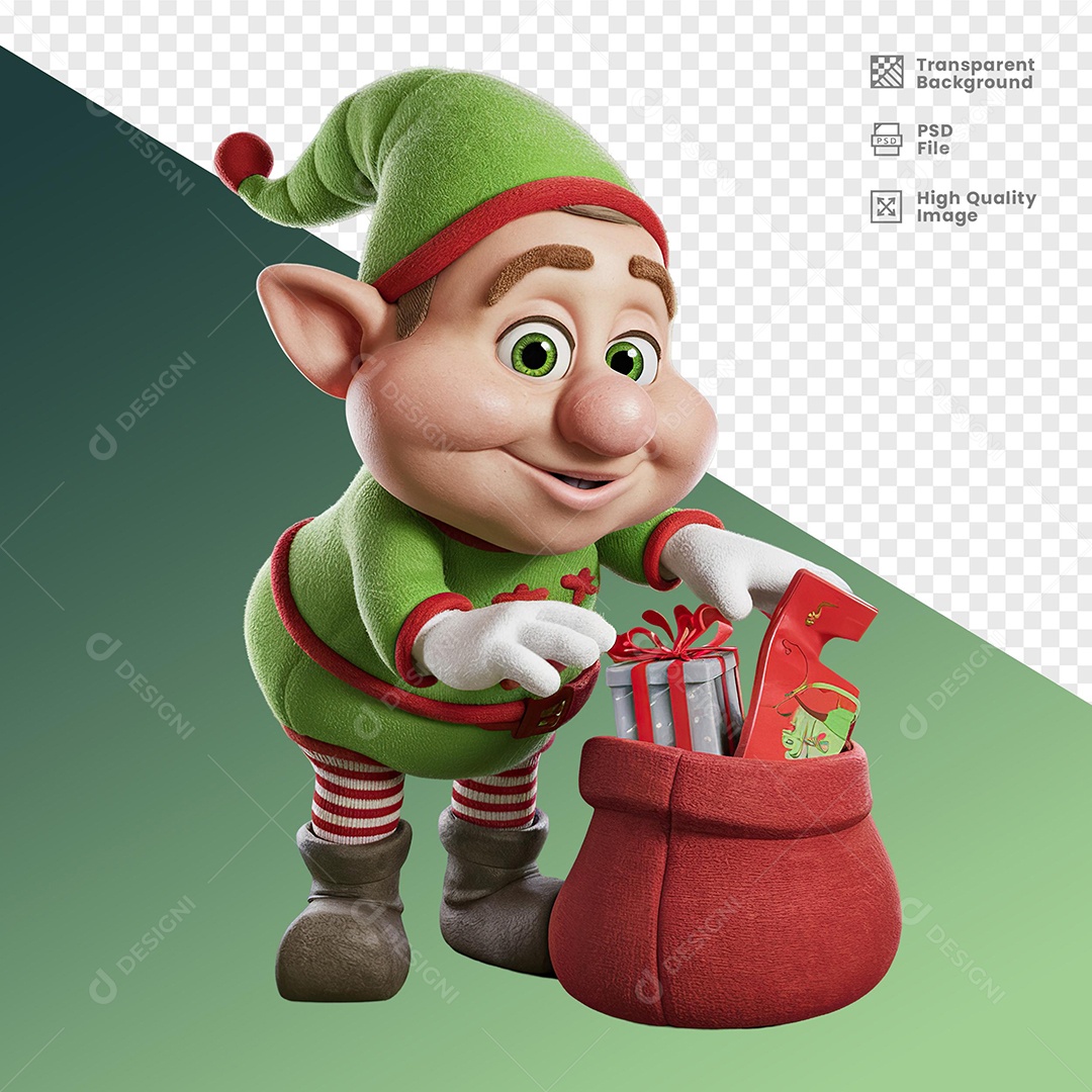 Personagem 3D Duende de Natal Feliz Com Saco de Presentes Para Composição PSD