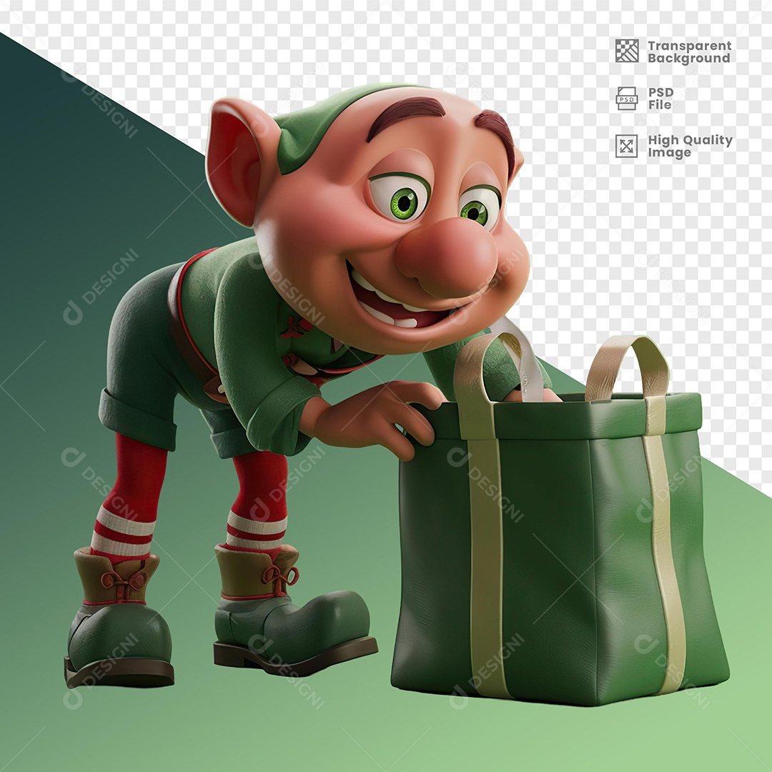 Personagem 3D Duende de Natal Feliz Com Saco de Presentes Para Composição PSD