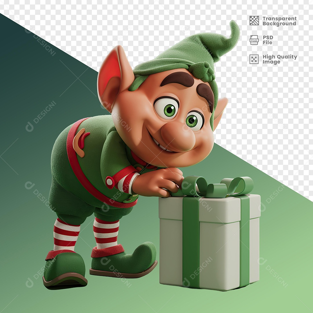 Personagem 3D Duende de Natal Feliz Com Saco de Presentes Para Composição PSD