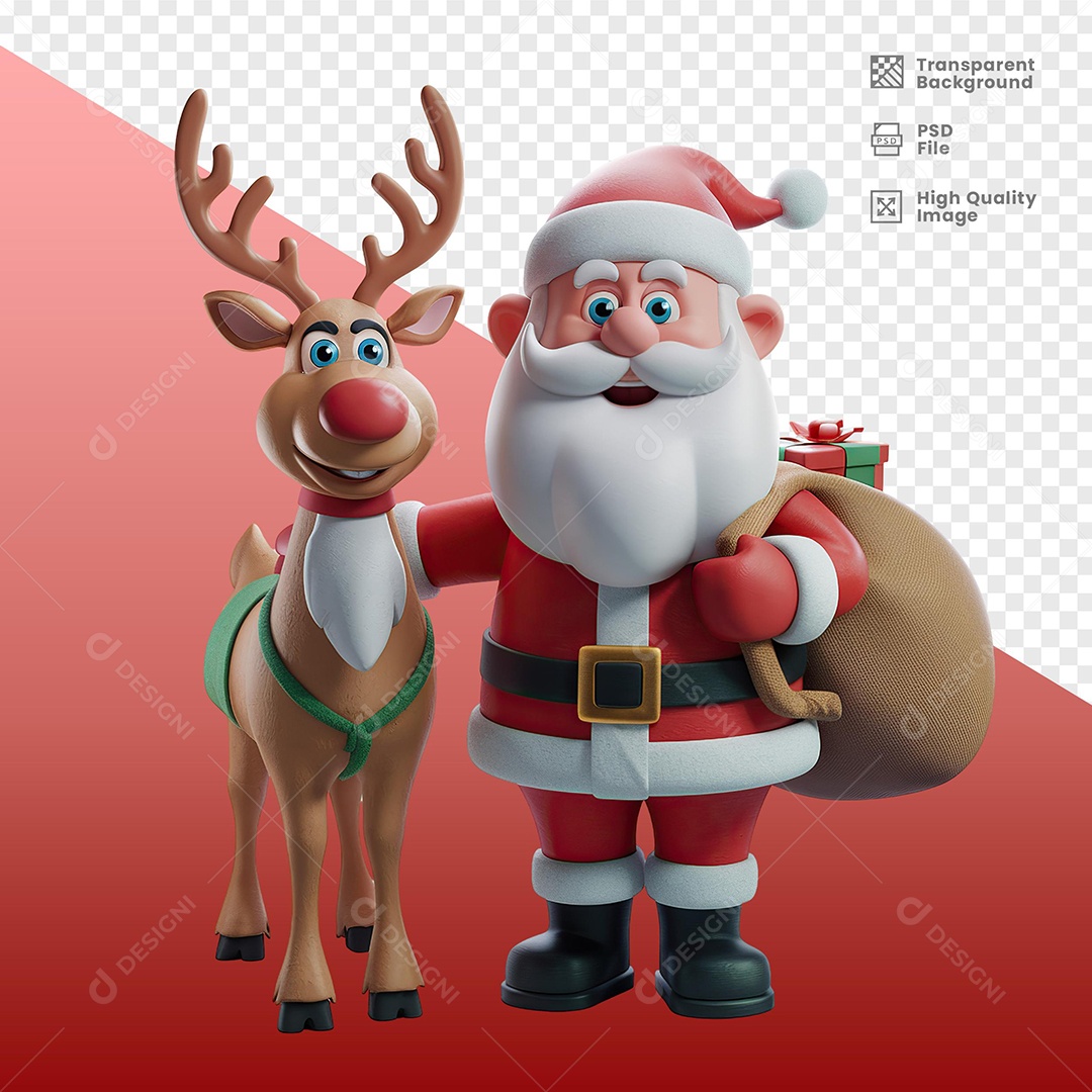 Personagem Papai Noel Feliz Sorridente com Rena Elemento 3D para Composição PSD