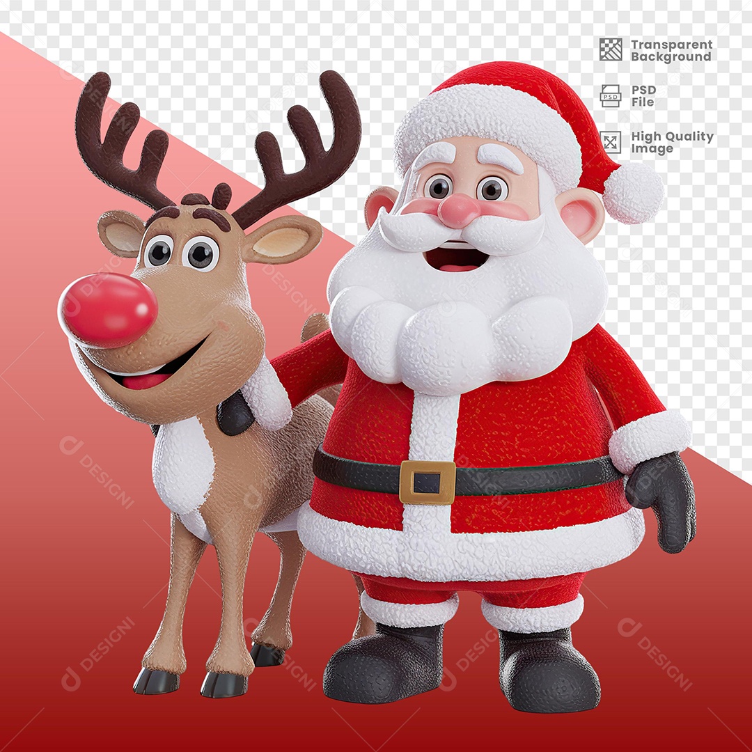 Personagem Papai Noel Feliz Sorridente com Rena Elemento 3D para Composição PSD