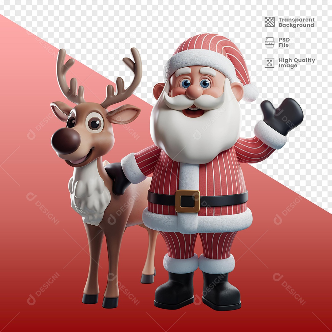 Personagem Papai Noel Feliz Sorridente com Rena Elemento 3D para Composição PSD