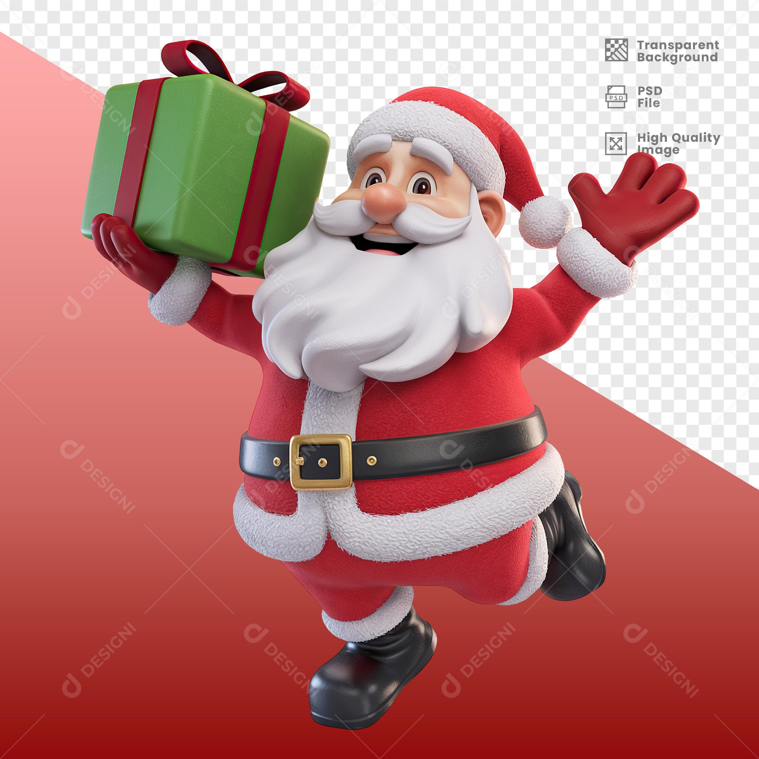 Personagem Papai Noel Segurando Presente Elemento 3D para Composição PSD