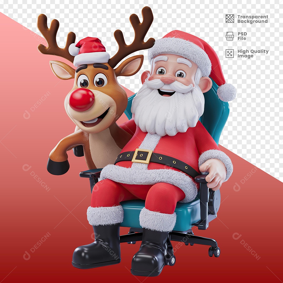 Personagem Papai Noel Feliz Sorridente com Rena Elemento 3D para Composição PSD