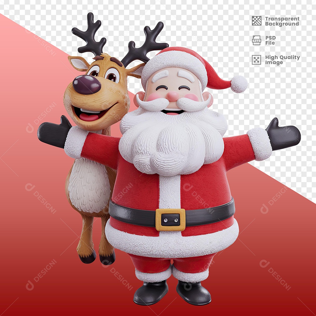 Personagem Papai Noel Feliz Sorridente com Rena Elemento 3D para Composição PSD