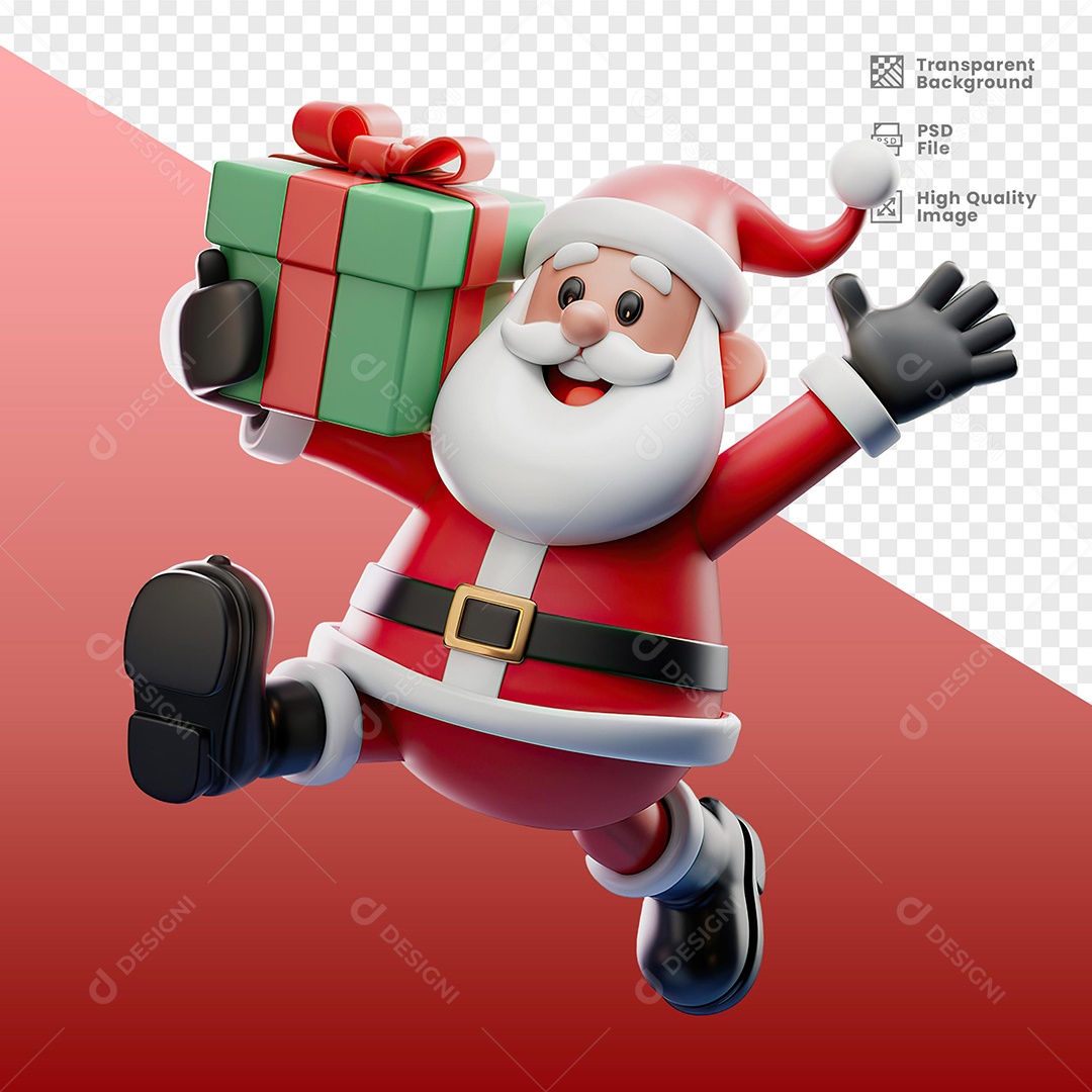 Personagem Papai Noel Segurando Presente Elemento 3D para Composição PSD