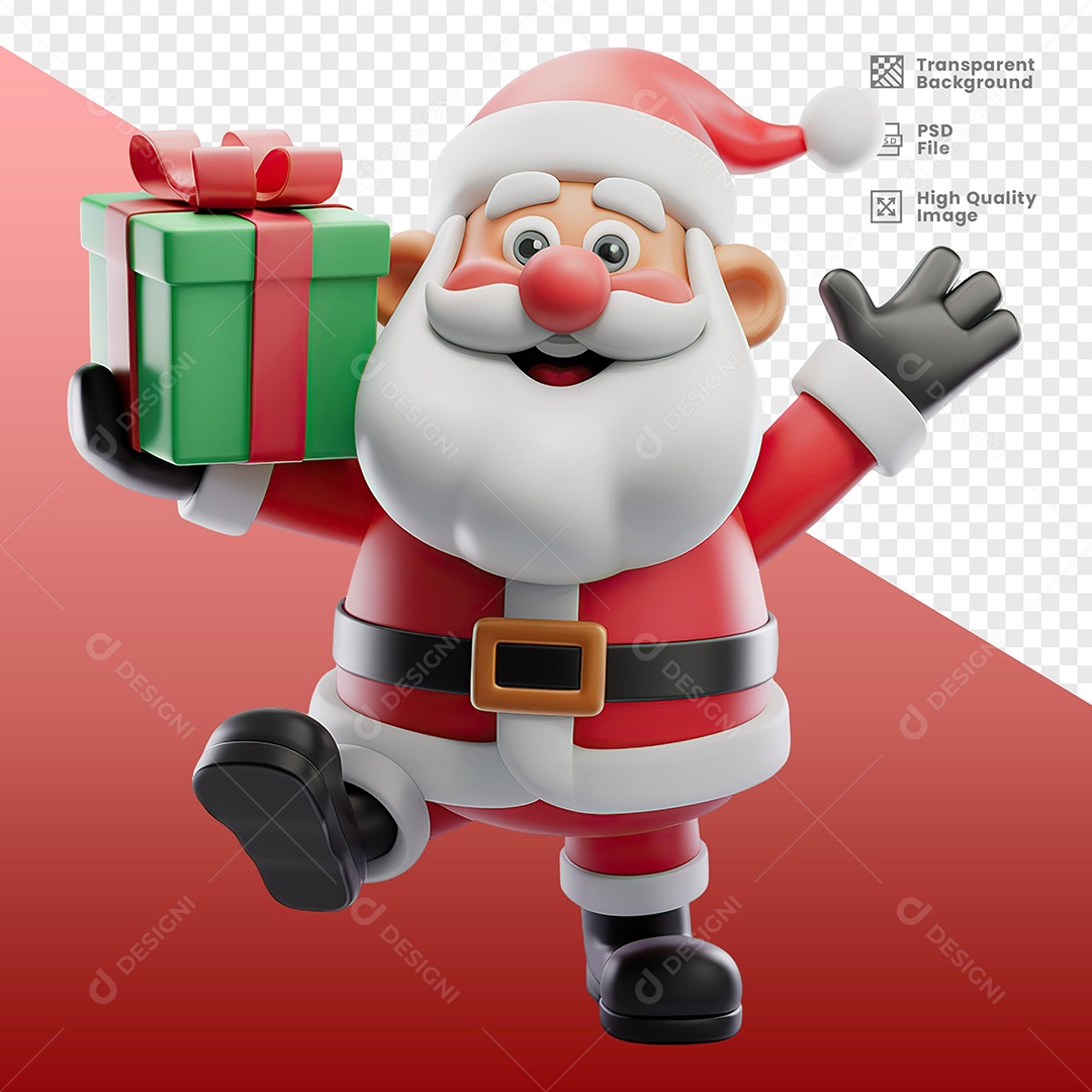Personagem Papai Noel Segurando Presente Elemento 3D para Composição PSD