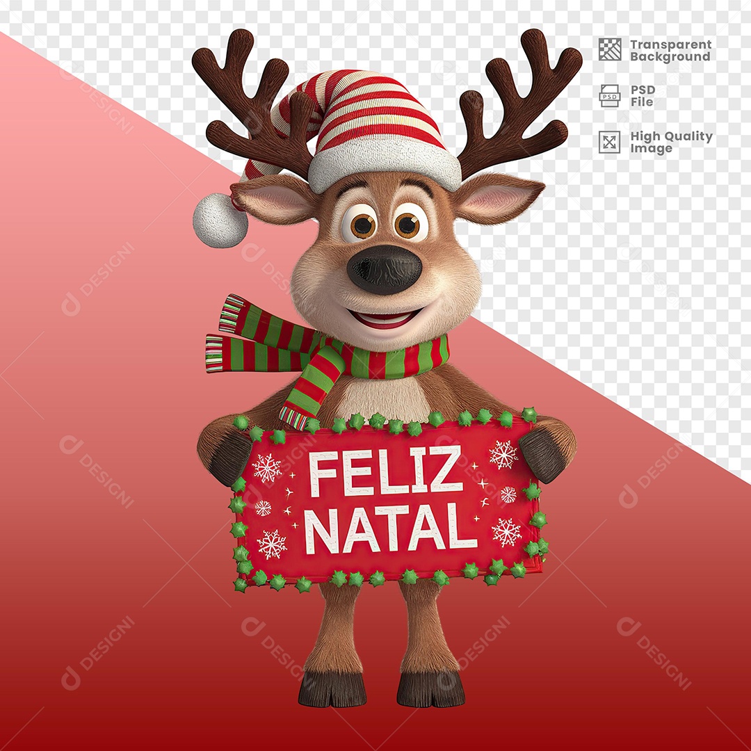 Rena Feliz Segurando Placa de Feliz Natal Elemento 3D Para Composição PSD