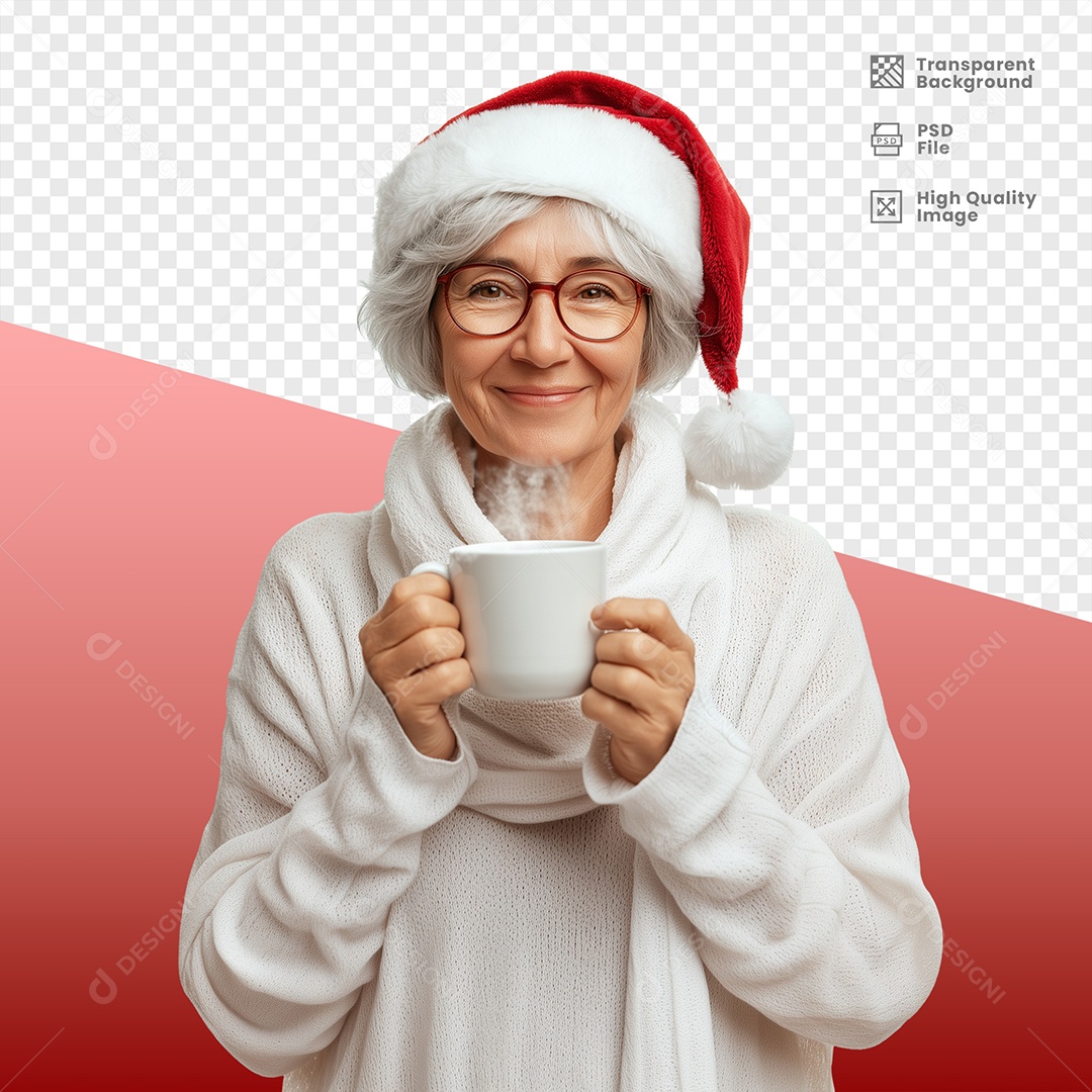 Senhora tomando Café Usando Gorro de Natal Elemento 3D para Composição PSD