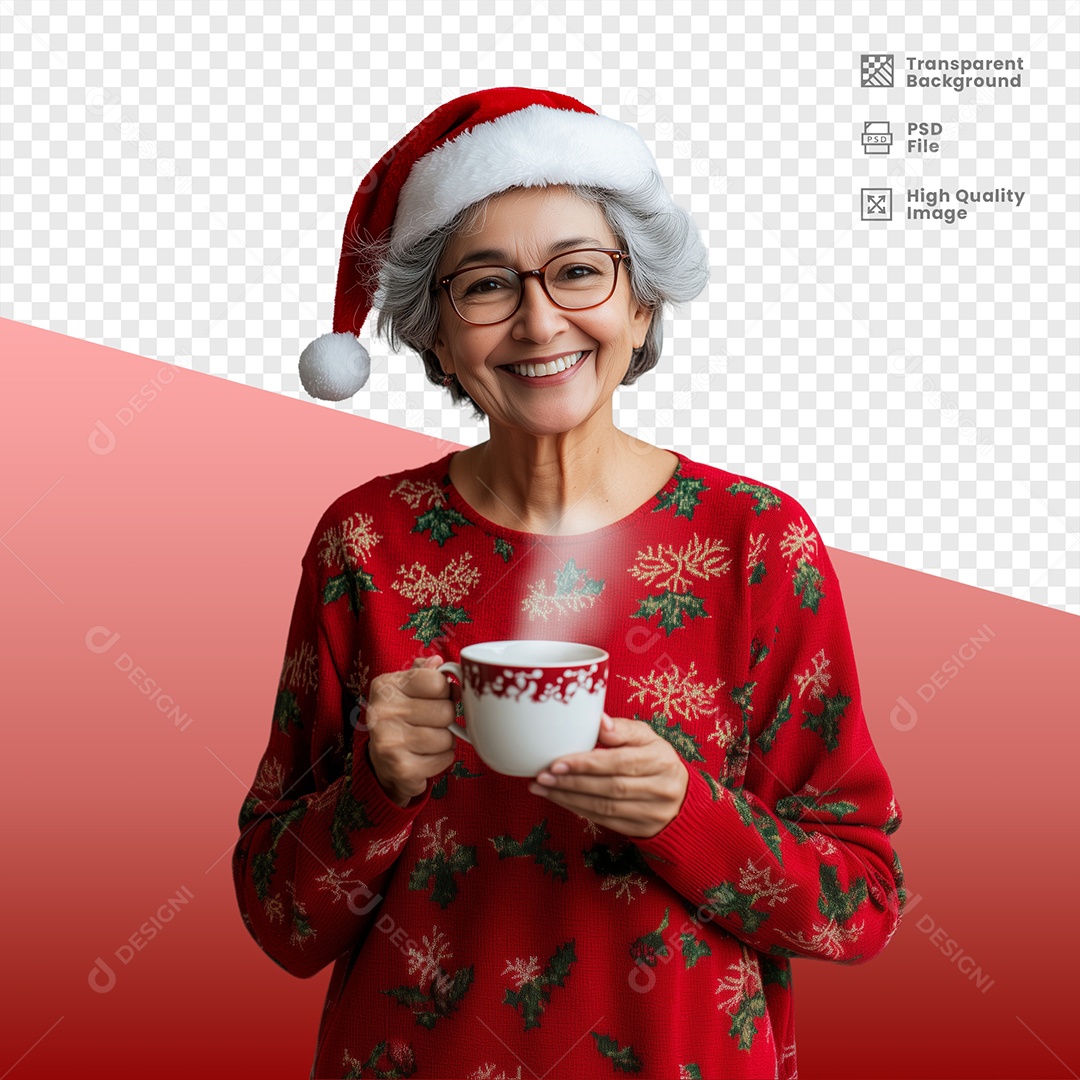 Senhora Segurando Xícara de Café Usando Gorro de Natal Elemento 3D para Composição PSD