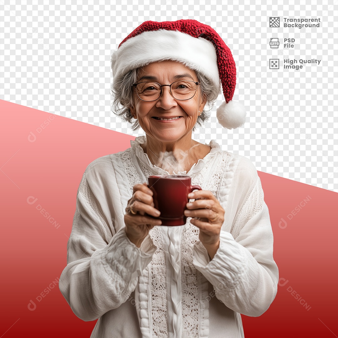 Senhora Feliz Segurando Xícara de Café Usando Gorro de Natal Elemento 3D para Composição PSD