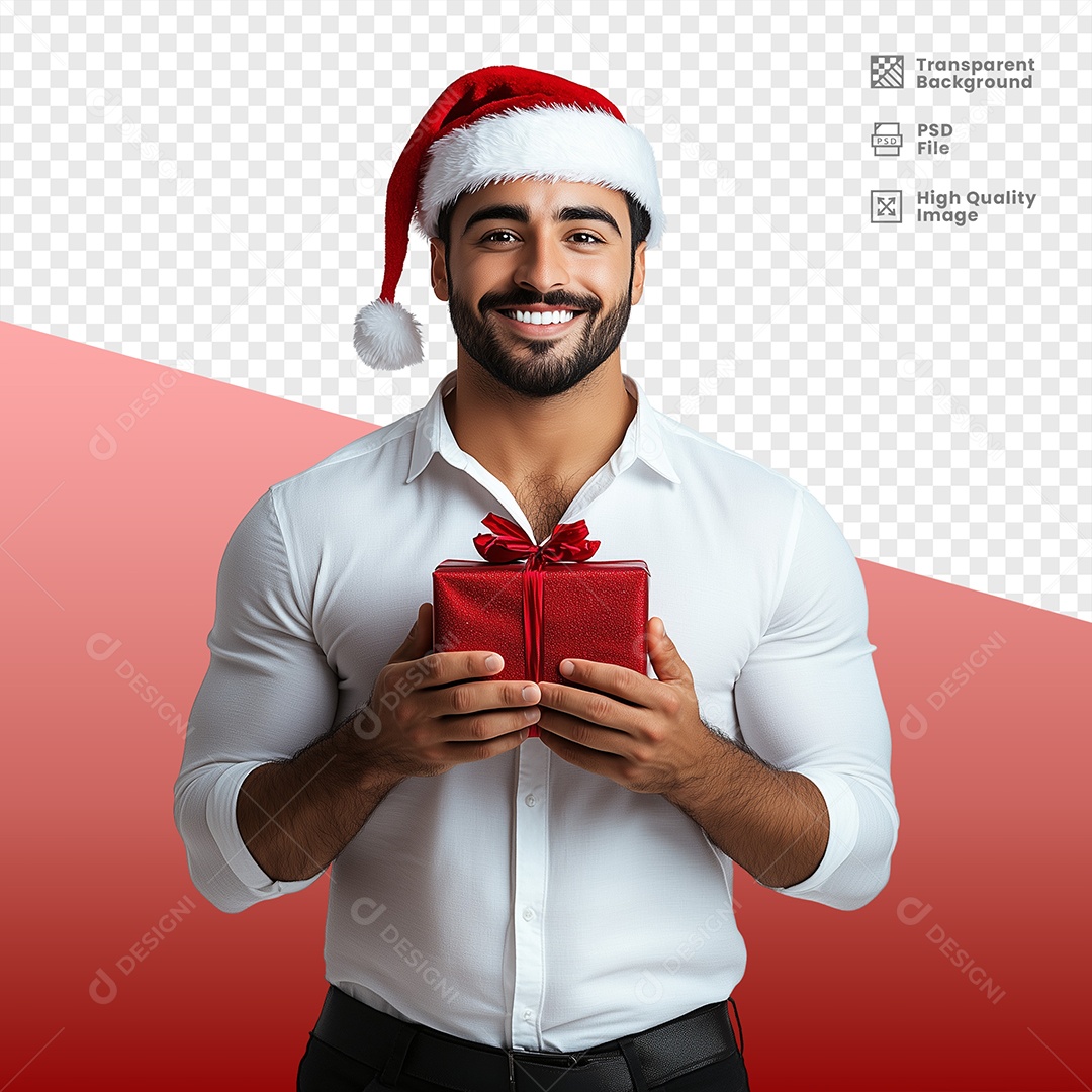 Homem Sorridente Usando Gorro de Natal Segurando Presente Elemento 3D para Composição PSD