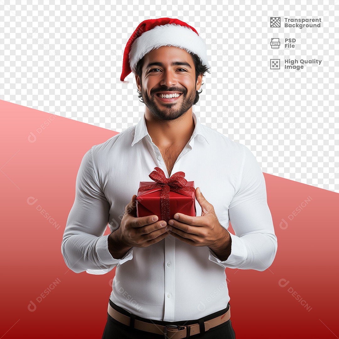 Homem Sorridente Usando Gorro de Natal Segurando Presente Elemento 3D para Composição PSD