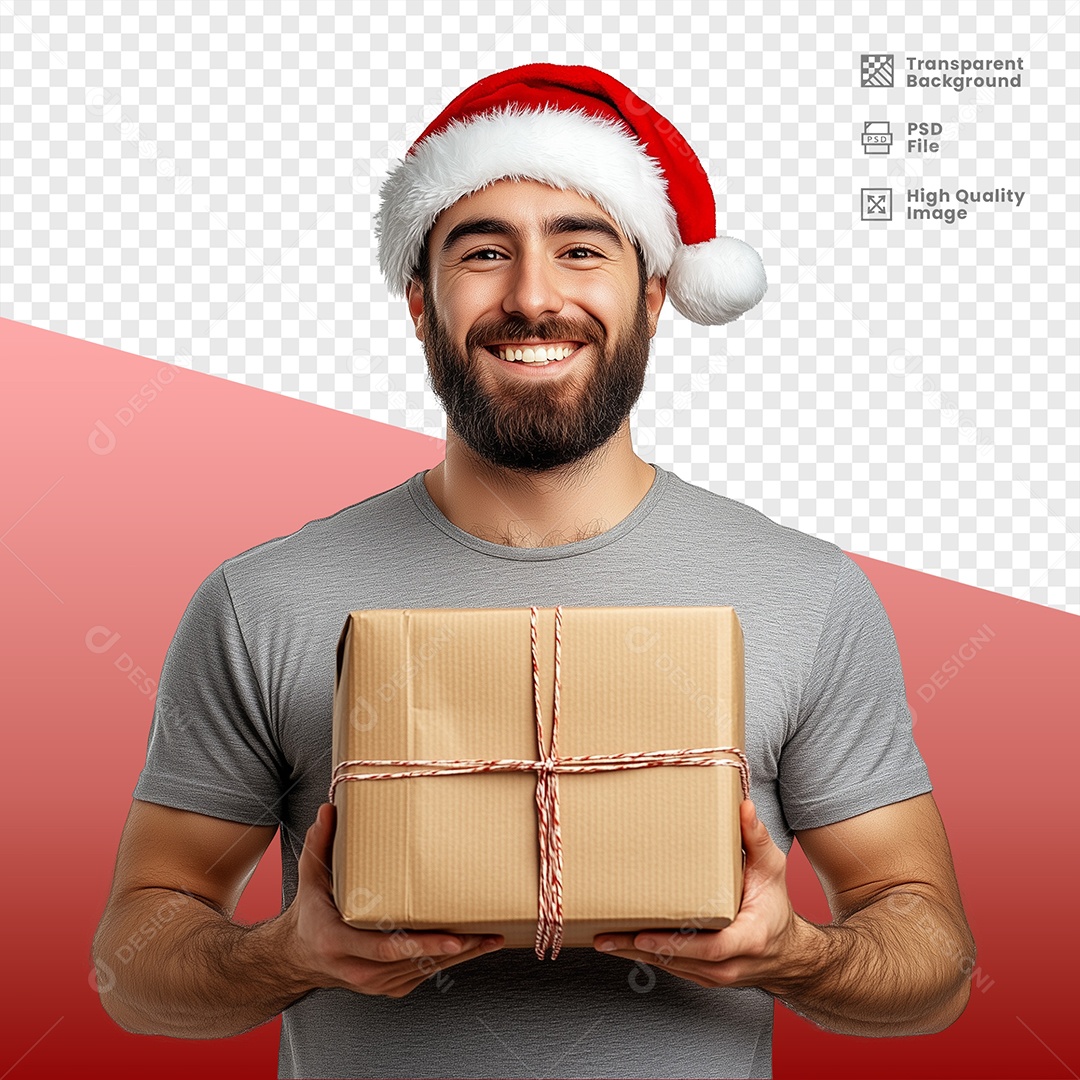 Homem Sorridente Usando Gorro de Natal Segurando Presente Elemento 3D para Composição PSD