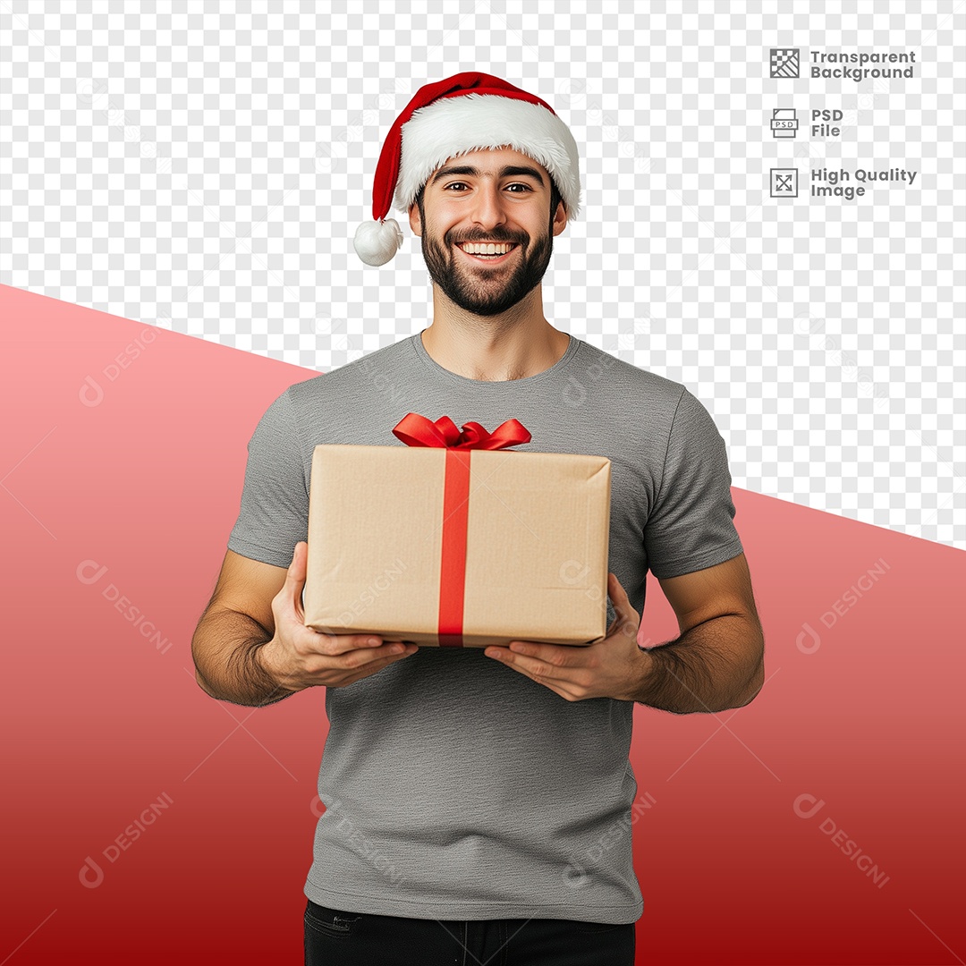 Homem Sorridente Usando Gorro de Natal Segurando Presente Elemento 3D para Composição PSD